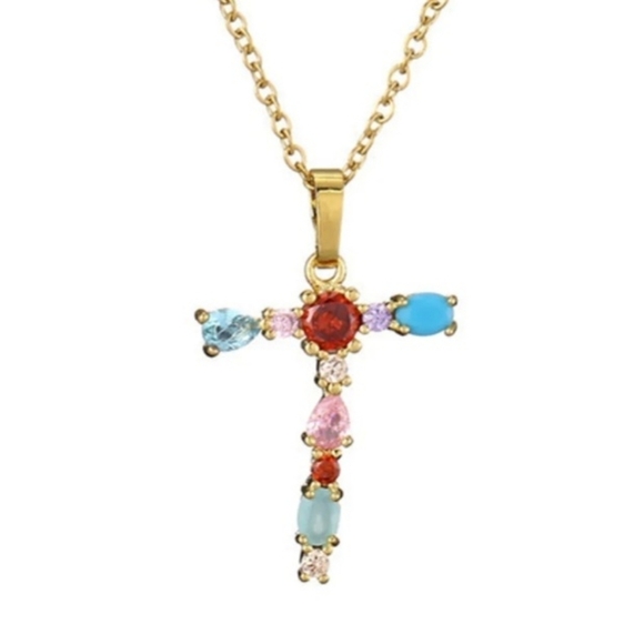 T Initial Pendant Necklace Multicolor Rhinestones Gold Tone Chain - Picture 1 of 15